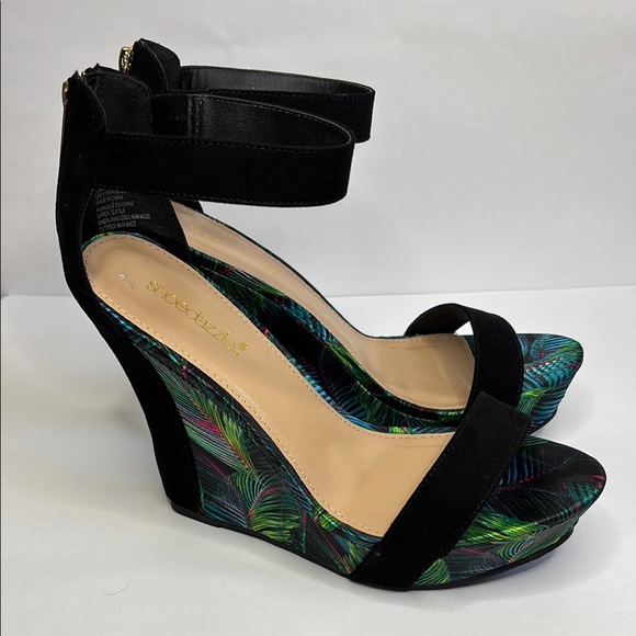 EUC! Black Green Blue Pink Ankle Strap Platform Wedge Heels - Picture 6 of 11